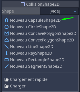 La liste des différentes formes que peut adopter le nœud, dont CapsuleShape2D 